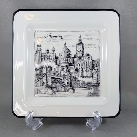London Brunelli Cities Salad Plate Square 7.5” Made In Italy Black White Read - Picture 1 of 8